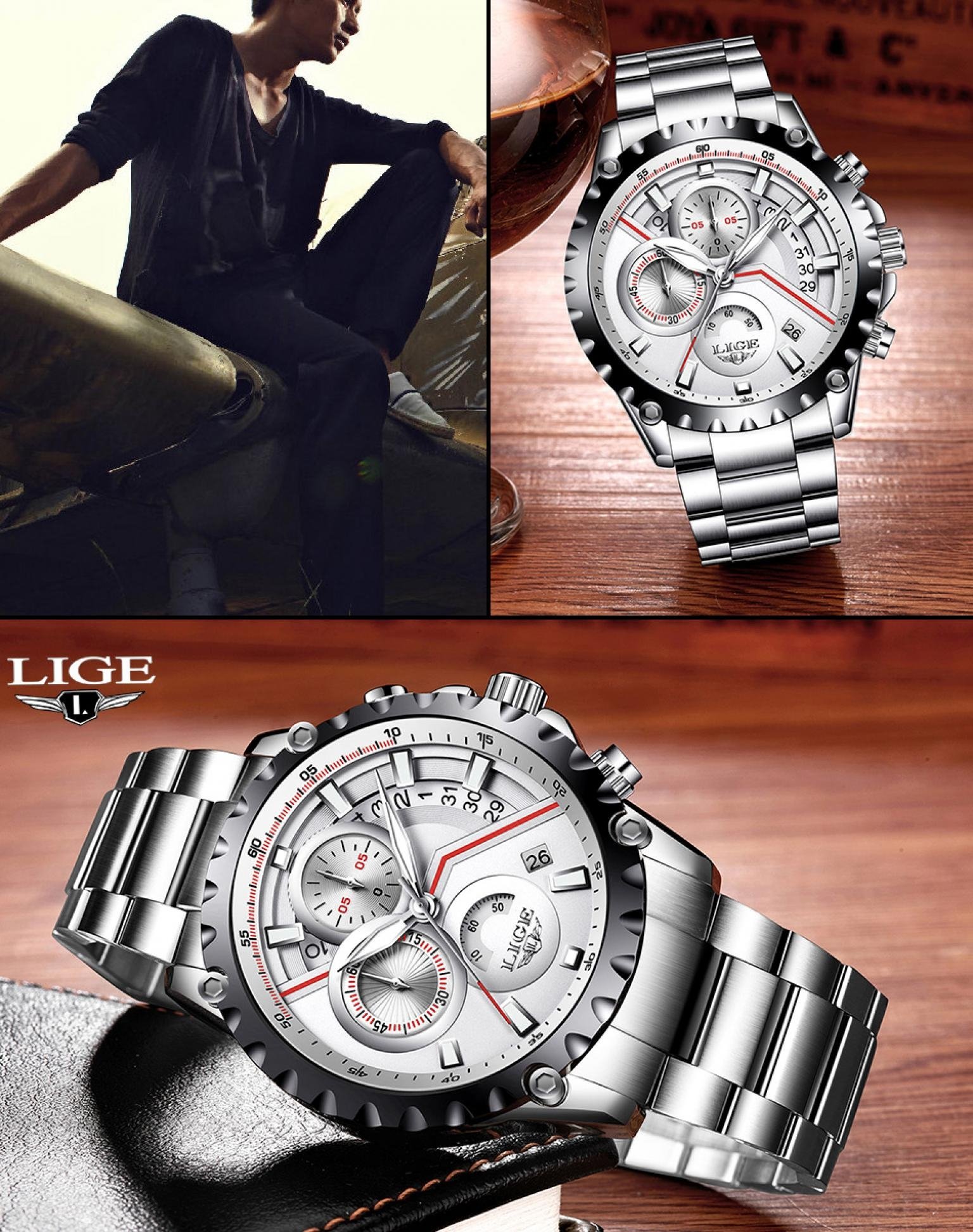 LIGE  OriginalTop Brand Luxury Men's Watches Fashion Business Leather Quartz Watch Men Military Waterproof Sport Relogio Masculino 9838